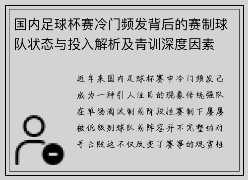 国内足球杯赛冷门频发背后的赛制球队状态与投入解析及青训深度因素